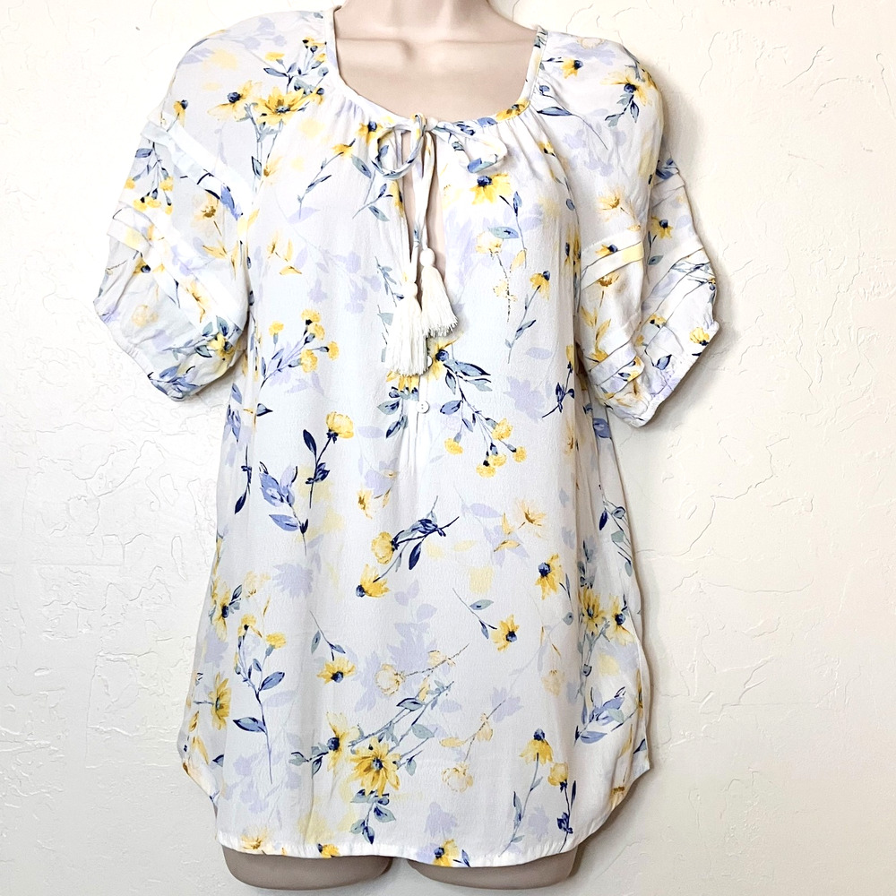 Lovestitch Floral Top Tassel Tie Neck Blouse Boho Short Sleeve Sz S Cottagecore